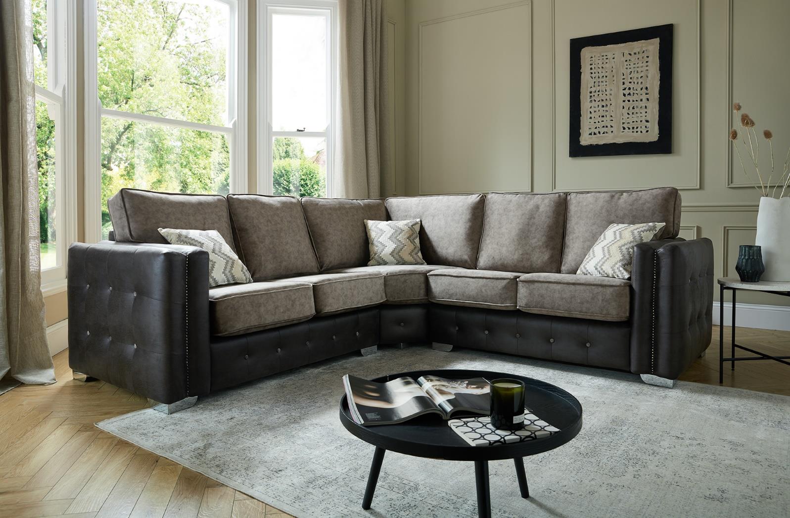 Horizon 2+Corner+2 Seater Sofa In Colorado Brown And Buxton Earth Fabric With Metal Feet